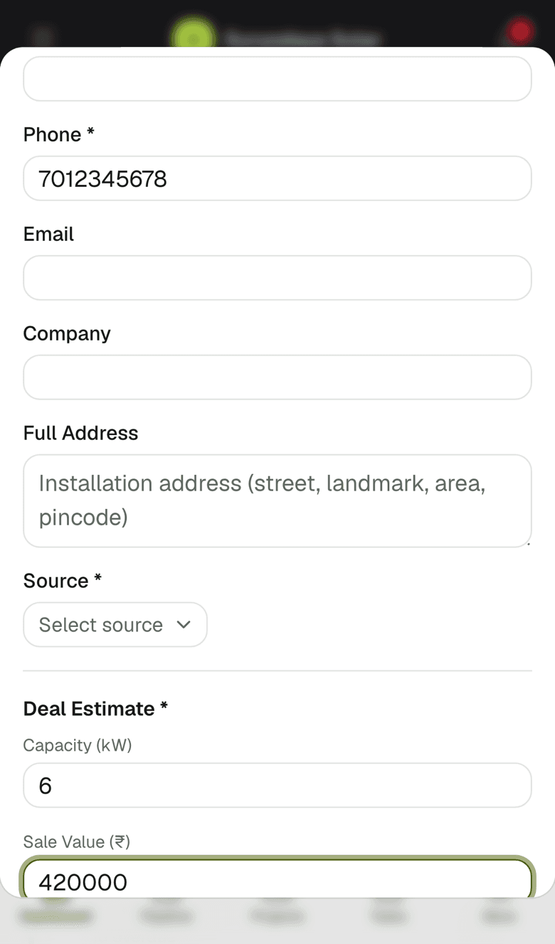 A new customer form filled in on a phone