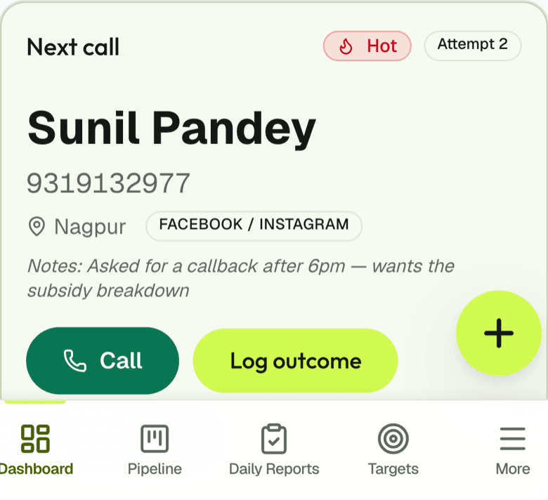 The next number to dial with its source, history and last remark