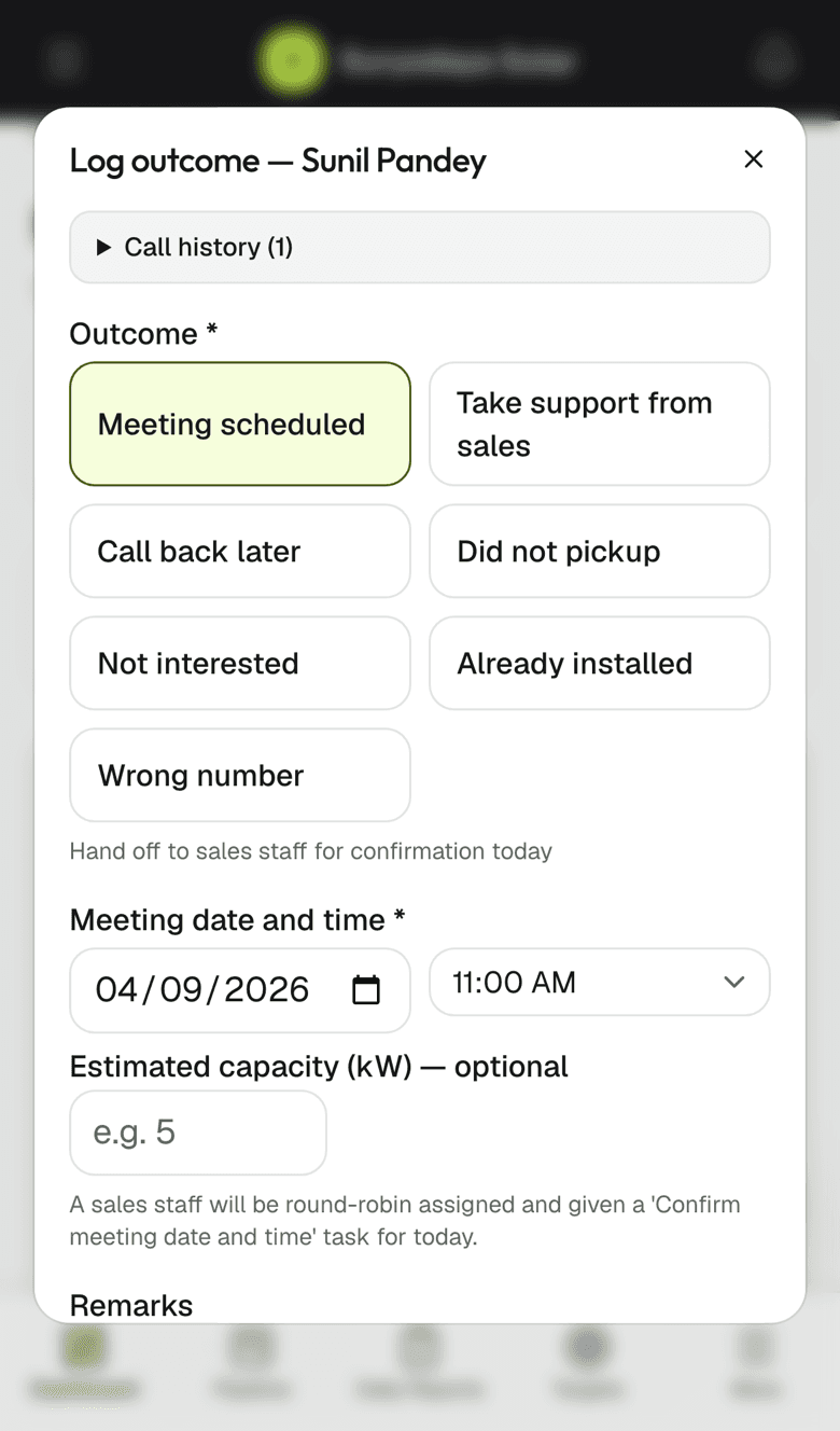 Booking a site visit from the call outcome, on a named salesperson's day