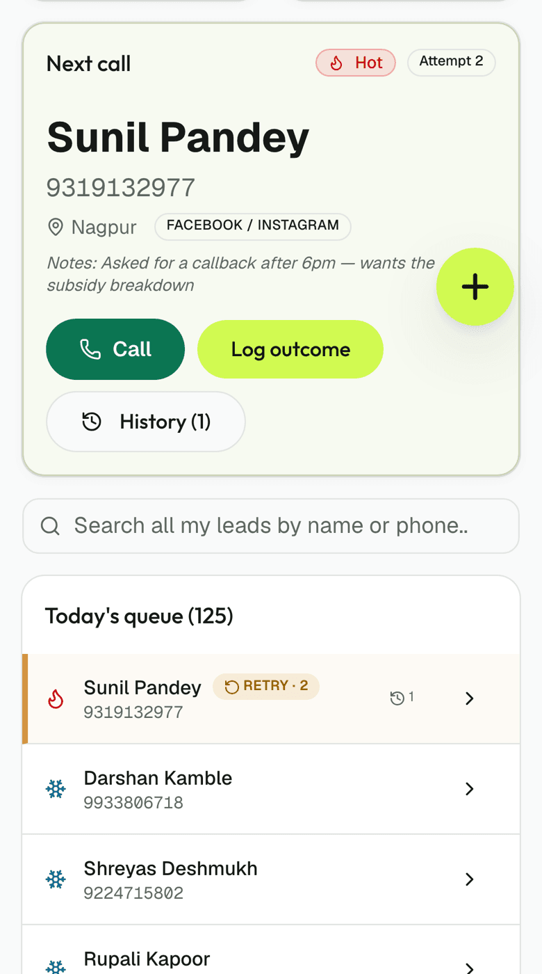A telecaller's calling queue on a phone, hot leads at the top