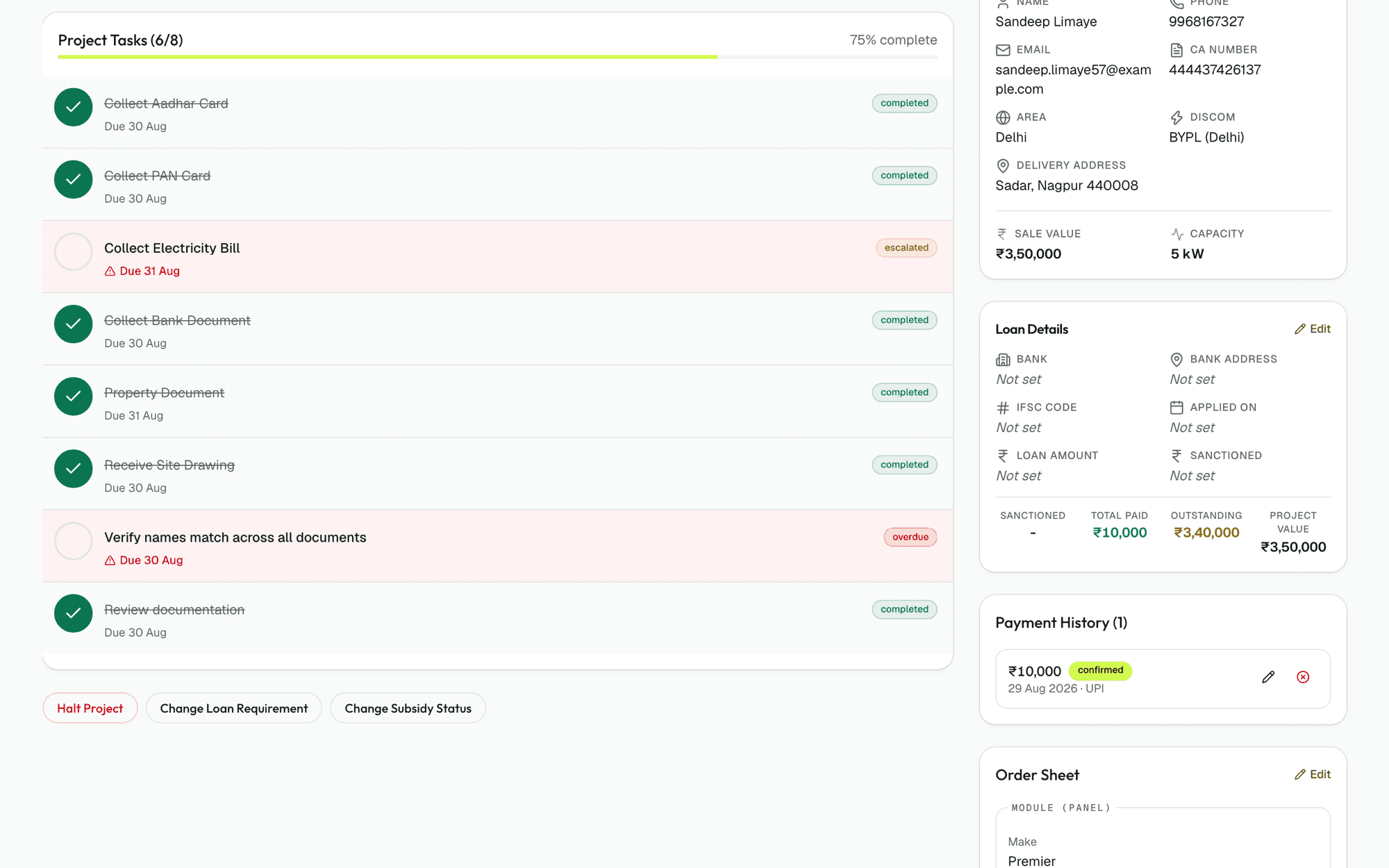 A single project: its stage, checklist, payment schedule and documents